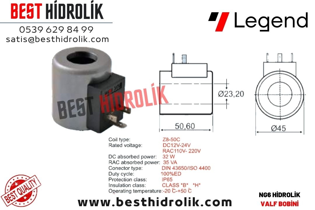 NG 06 23.20 mm HİDROLİK BOBİN (METAL 12 V - 24 V - 110 V - 220 V