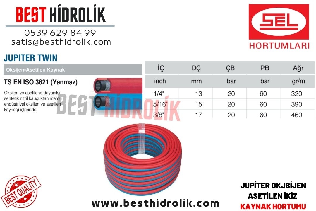 JUPITER TWIN 1/4 6 mm İKİZ OKSİJEN ASETİLEN YANMAZ MAVI-KIRMIZI TSE