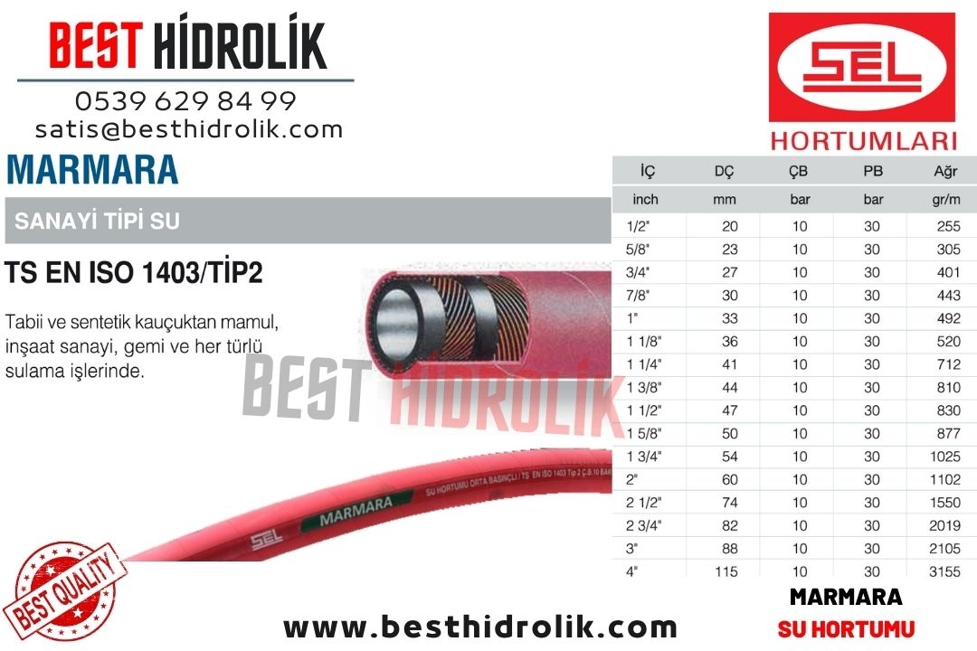 SEL 1 3/4 ’’ MARMARA SANAYi TiPi SU HORTUMU TSE Lİ