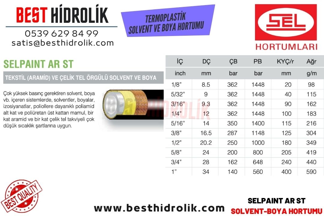 SELPAINT AR ST 5/8 ’’ TEKSTİL ( ARAMİD ) VE ÇELİK TEL ÖRGÜLÜ  SOLVENT VE BOYA HORTUMU