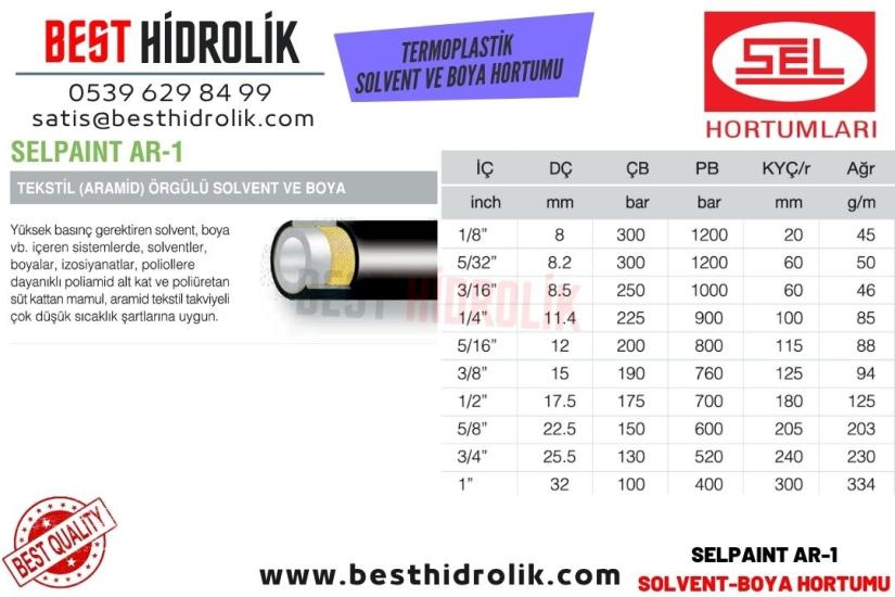 SELPAINT AR-1 1/8 ’’ TEKSTİL ( ARAMİD ) ÖRGÜLÜ SOLVENT VE BOYA HORTUMU