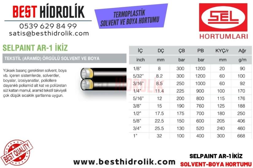 SELPAINT AR-1 İKİZ 1/8 ’’ TEKSTİL ( ARAMİD ) ÖRGÜLÜ İKİZ SOLVENT VE BOYA HORTUMU