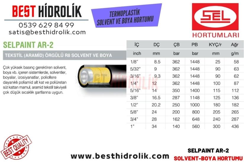 SELPAINT AR-2 1/4 ’’ TEKSTİL ( ARAMİD ) ÖRGÜLÜ R8 SOLVENT VE BOYA HORTUMU