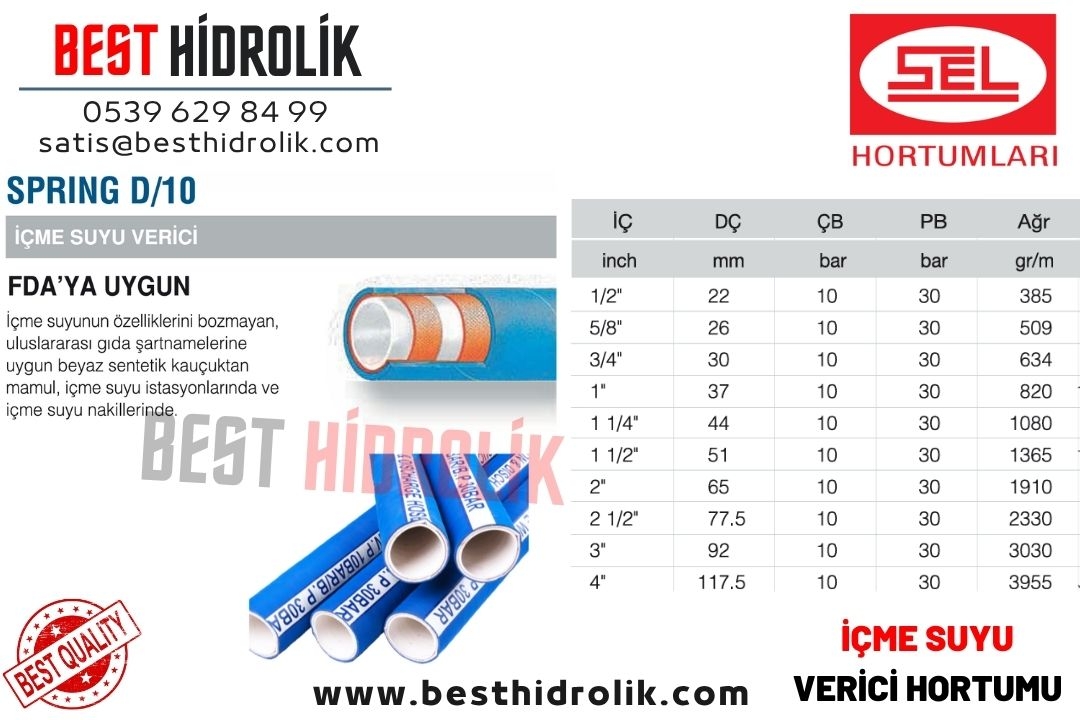 SEL 1 ’’ SPRING D/10 İÇME SUYU VERİCİ HORTUMU GIDAYA UYGUN