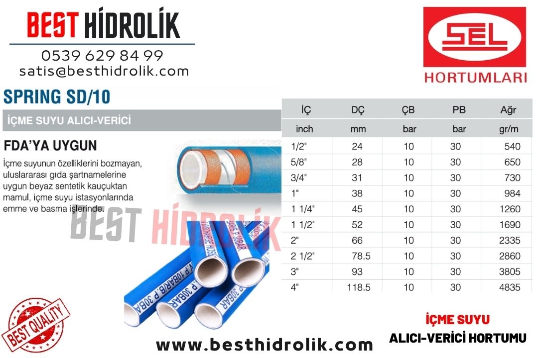 SEL 4 ’’ SPRING SD/10 İÇME SUYU ALICI VERİCİ HORTUMU GIDAYA UYGUN