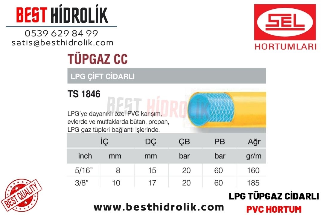 SEL 3/8 ’’ 10 mm LPG ÖRGÜLÜ ÇİFT CİDARLI TÜPGAZ CC HORTUMU tse li