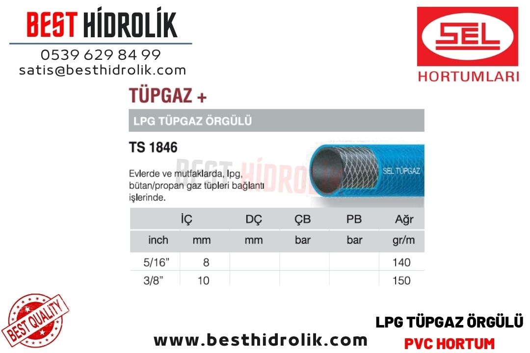 SEL 5/16 ’’ 8 mm LPG ÖRGÜLÜ TÜPGAZ+ HORTUMU