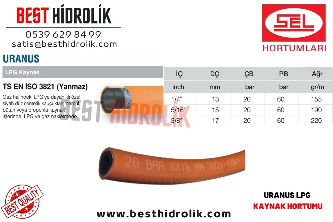 URANUS 1/4 6 mm LPG KAYNAK HORTUMU YANMAZ TSE